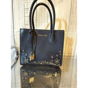 Michael Kors Mercer Floral Medium Navy Leather Handbag